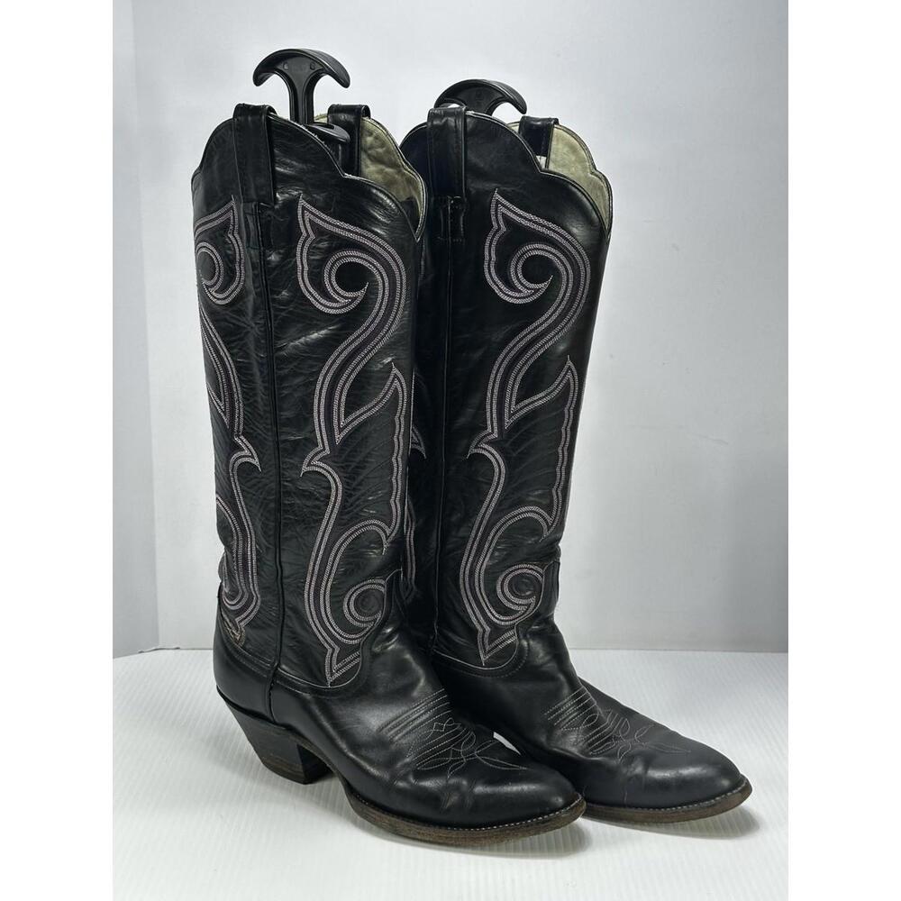 Larry Mahan Mens 8 B Black Leather Purple Stitch Cowboy Boots Vintage Western